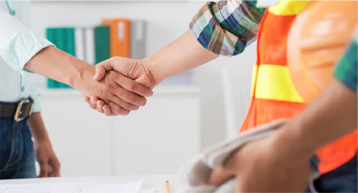 builder and man in shirt shake hands