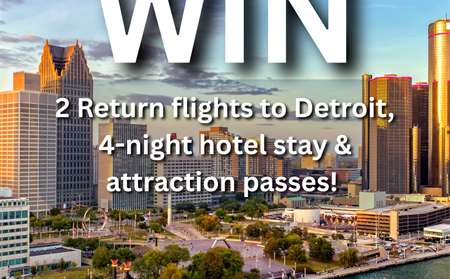 Win a trip to Detroit – 2 return flights, 4-night hotel stay, and attraction passes. Waterfront cityscape with skyline and riverboat. Includes logos for Delta, Pure Michigan, Visit Detroit, and Dublin Airport.